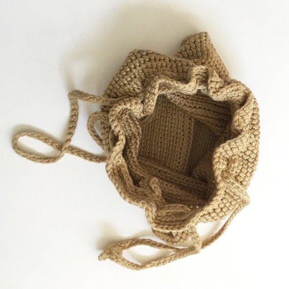 Handmade Crochet Knitted Beige Drawstring Square Bag Purse - Picture 3 of 3